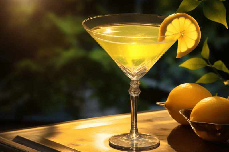 A wooden board with a lemon drop martini in a glass