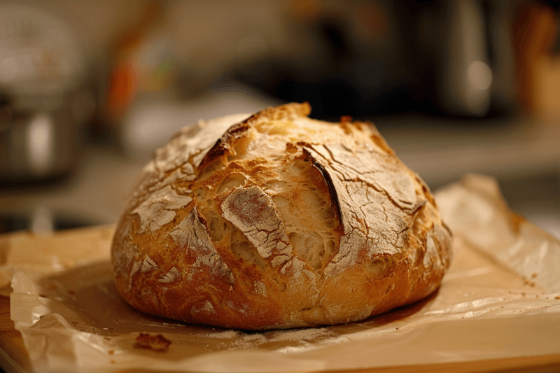 A wooden board with a single loaf of freshly baked bread, with a kitchen or bakery out of focus in the background