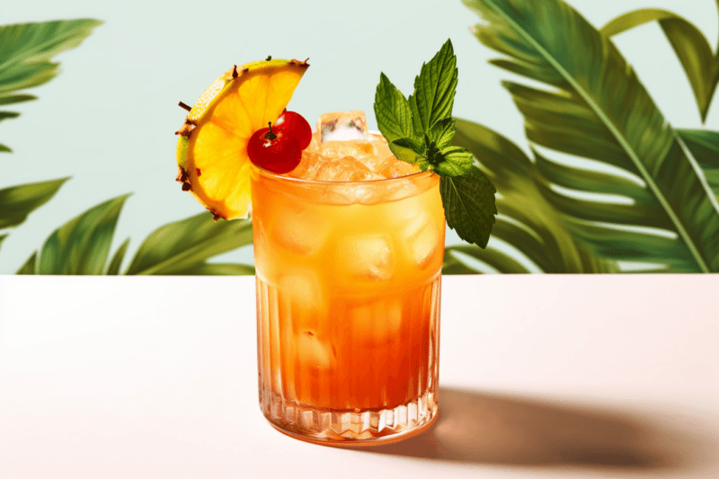 A mai tai cocktail in a glass on a table with leaves in the background. It is garnished with a cherry and citrus wedge