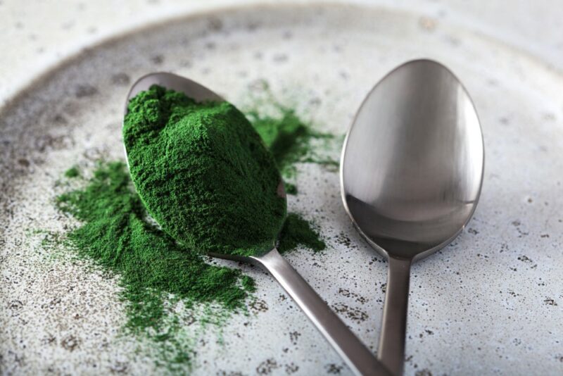 A plate with two metal spoons. One contains spirulina and one is empty.