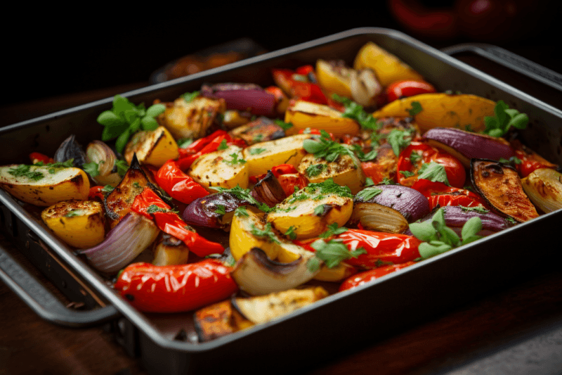 A baking tray filled with freshly roasted vegetables.