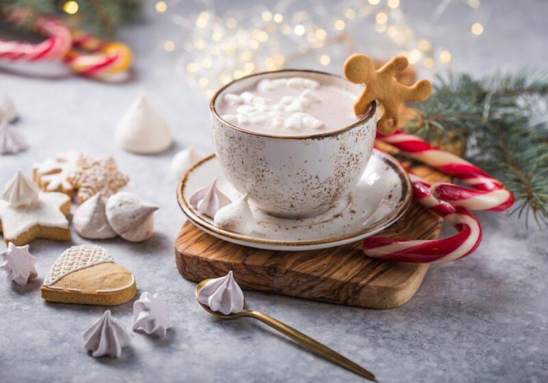 A mug and saucer of gingerbread hot chocolate on a table with gingerbread, marshmallows, and other ingredients