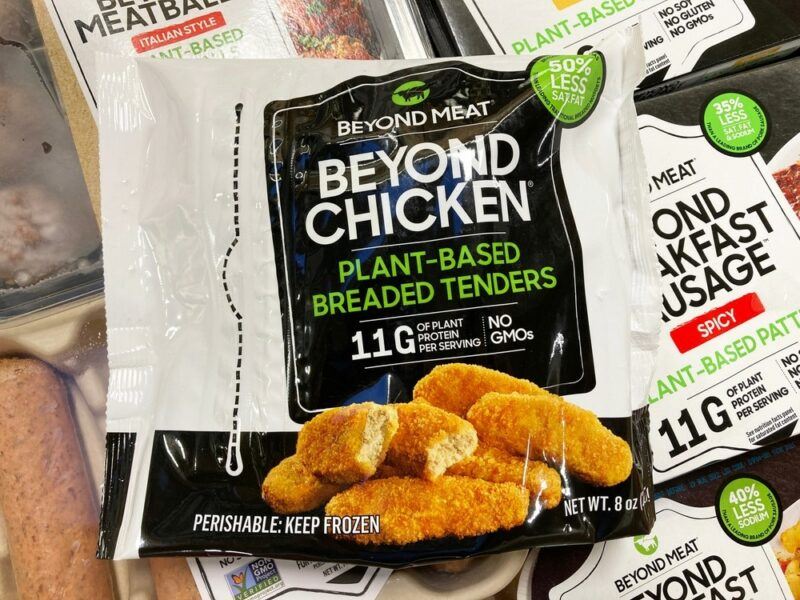 Packets of Beyond Meat products, with Beyond Chicken tenders at the top