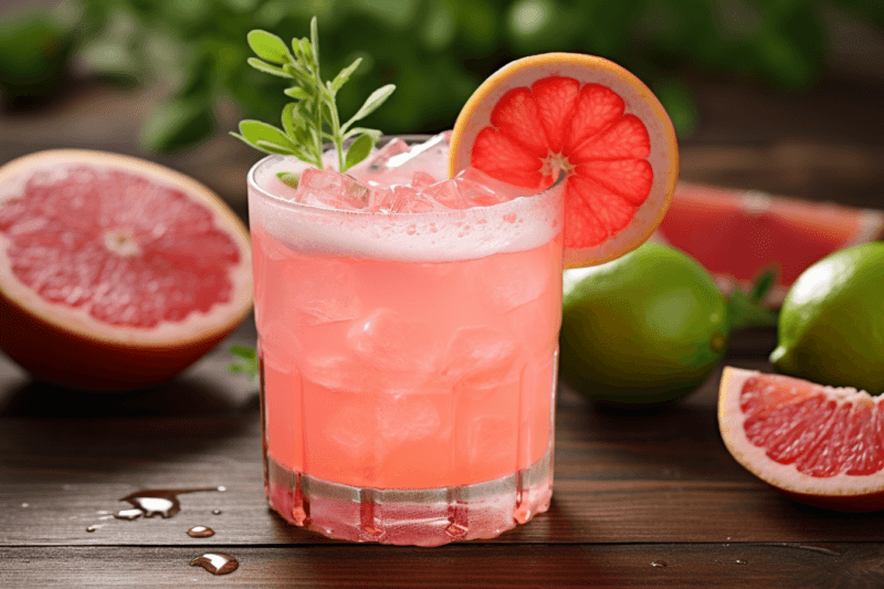 A wooden table with a glass containing a paloma cocktail, plus various wedges of grapefruit and lime