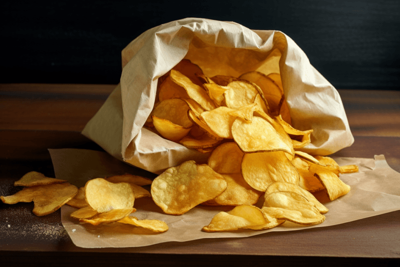 A wooden table with a bag of homemade chips spilling out of it.