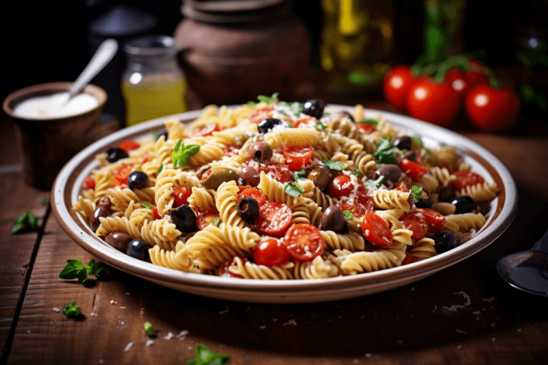 A large flat dish containing a fresh pasta salad with cherry tomatoes and olives. There are more tomatoes, salt, and oil in the background.