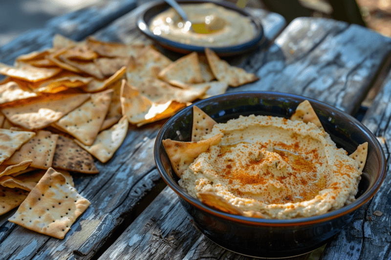 A picnic table with pita chips, a small bowl of hummus, and a larger bowl containing pita chips and hummus