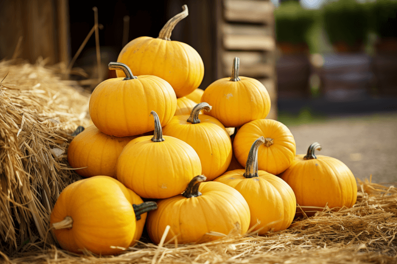 A pile of brighht yellow pumpkins outside next to a hay bale