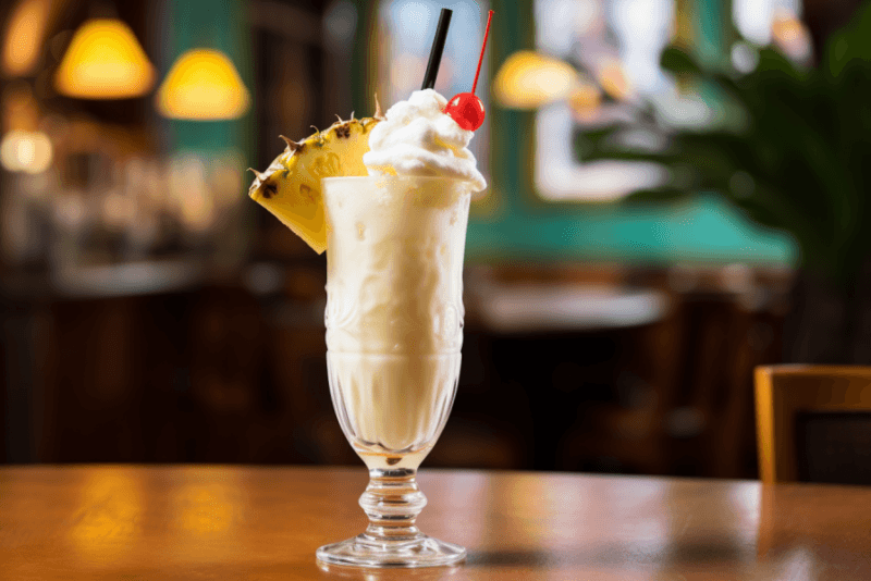 A table with a single pina colada cocktail, garnished with cream and a glace cherry