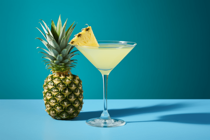 A single pineapple martini in a cocktail glass garnished with a piece of pineapple, next to a large pineapple on a blue table in front of a blue wall