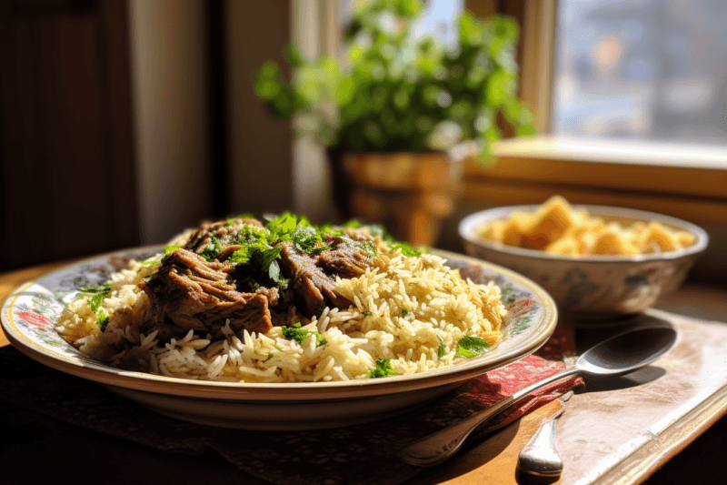 A large plate with rice pilaf and lam, with a plant and a bowl of food in the background