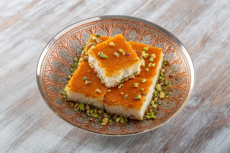 A small plate with pieces of Egyptian kanafeh