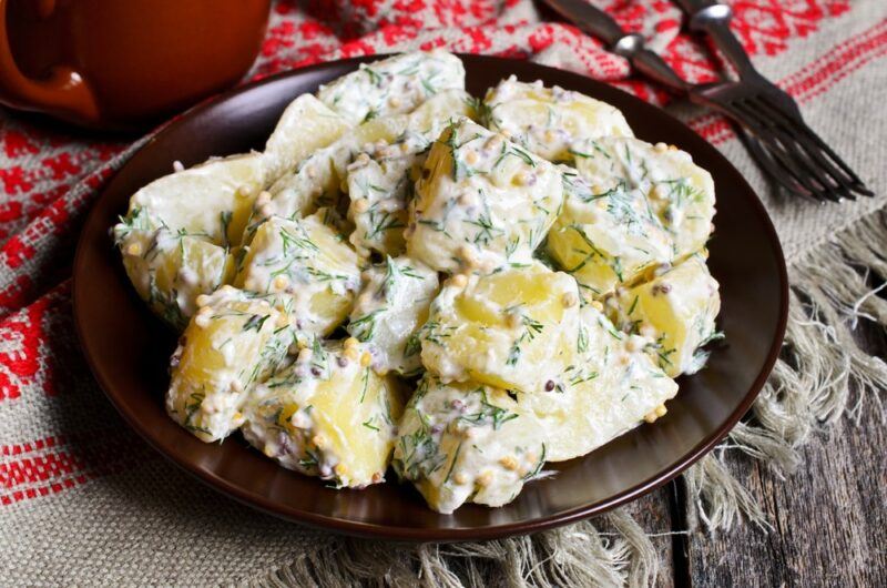 A large plate containing mayonnaise free potato salad