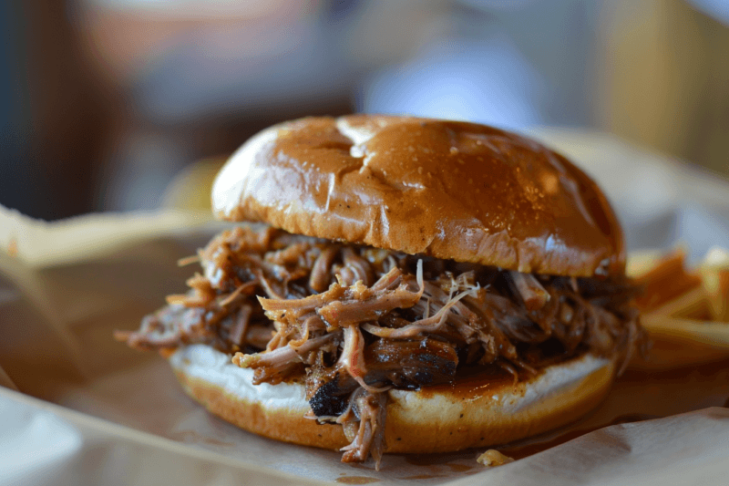 A delicious pulled pork sandwich on a table.