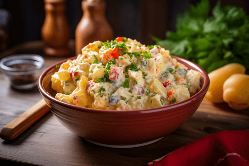 A large brown bowl of creamy potato salad, plus salt and pepper, and a spoon.