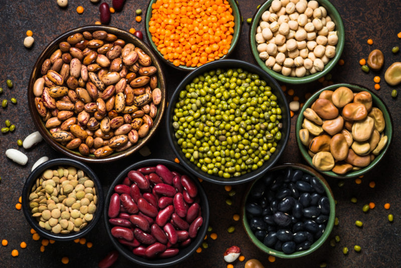 A selection of bowls containing different legumes including lentils and beans