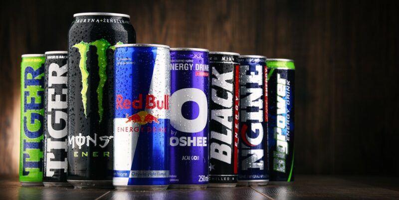 A selection of different energy drinks in cans