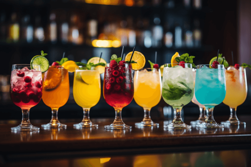 A selection of different fruity cocktails all lined up on a bar