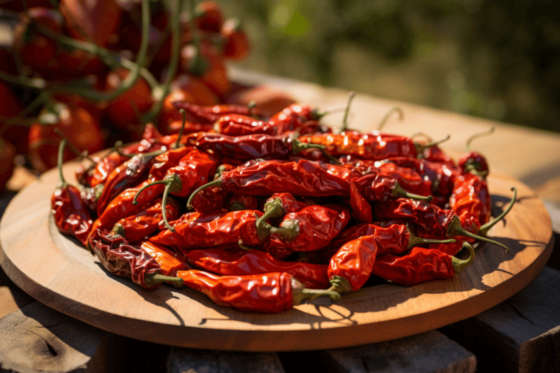 A wooden tray containing many delicious hot peppers in the sunlight.