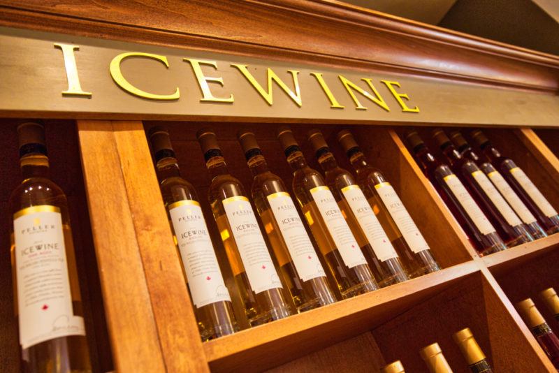 A range of sweet ice wines in a store with ice wine written above them