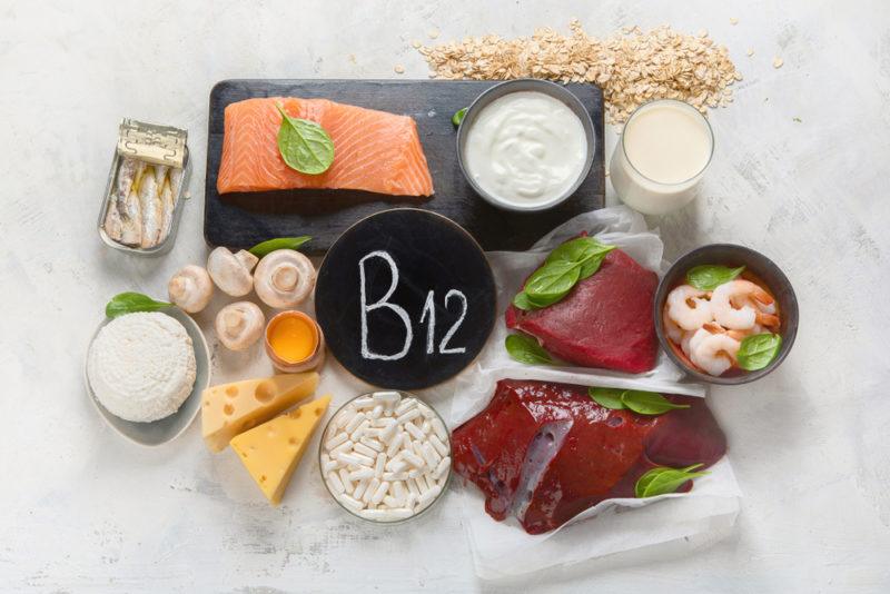 Vitamin B12 rich foods, including meat and fish