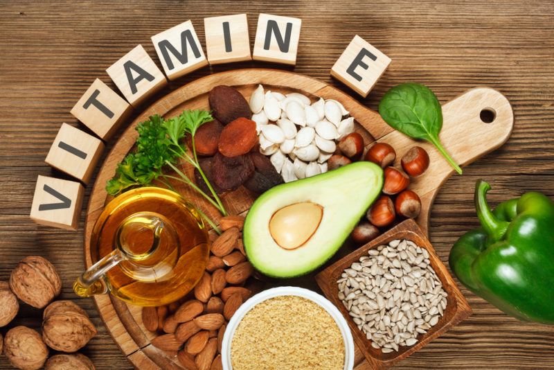 Vitamin E rich foods, including avocados, nuts and the like