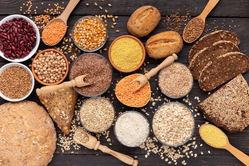 A selection of small bowls of whole grains and products made from them