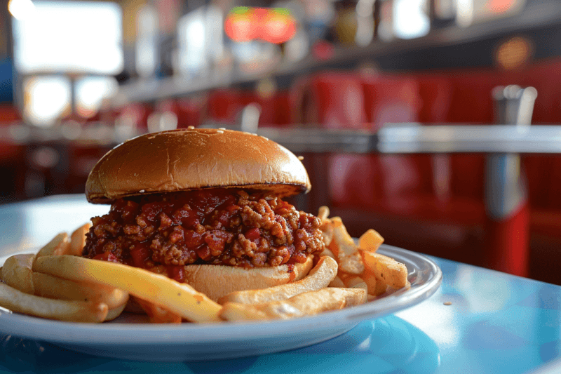 A blue diner table with a plate containing a sloppy Joe sandwich with fries.