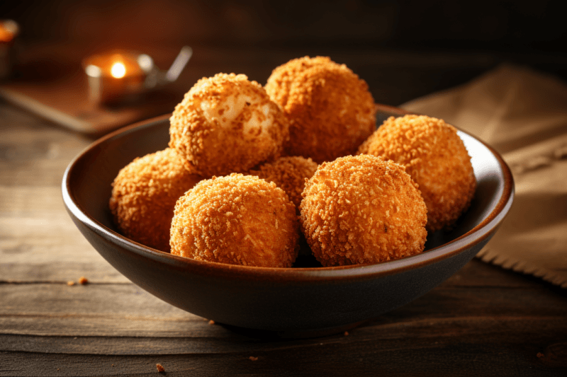 A small brown bowl containing homemade croquettes on a wooden table, with candles in the background.