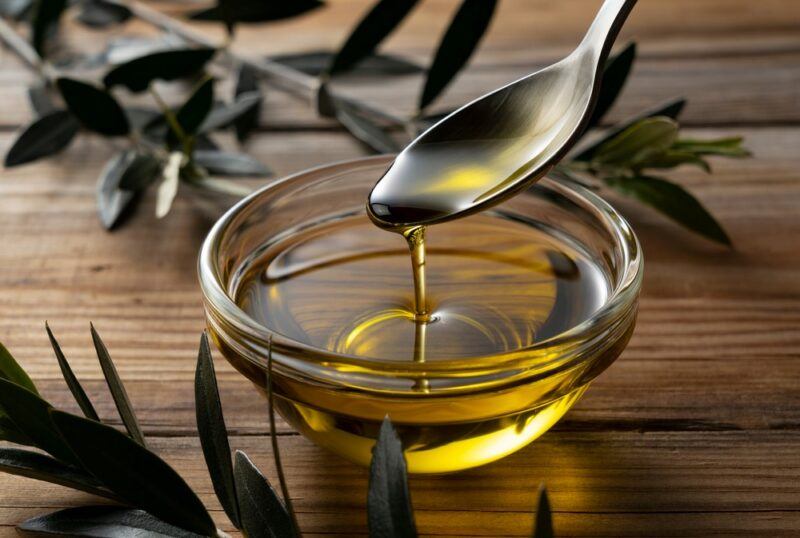 A dish of olive oil, with a spoon of the oil on a wooden table