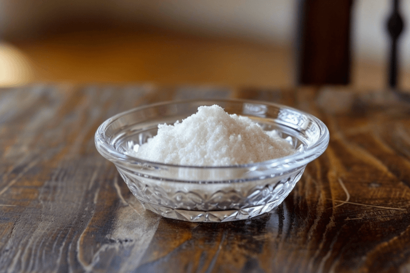 A wooden table with a small glass dish of xanthan gum