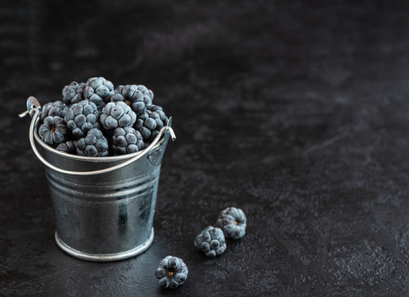 Um pequeno balde de metal que contém dewberries em preto tabela