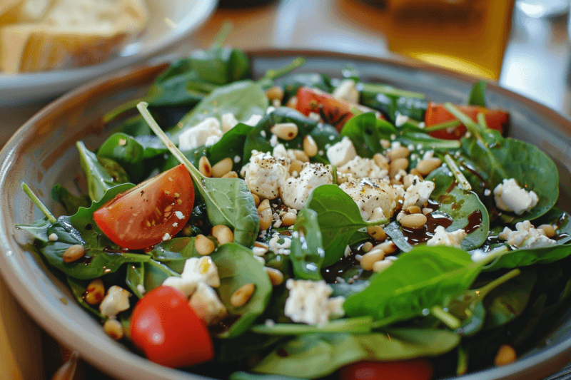 A large plate with a spinach salad that includes tomatoes, pine nuts, goat cheese, and a delicious dressing