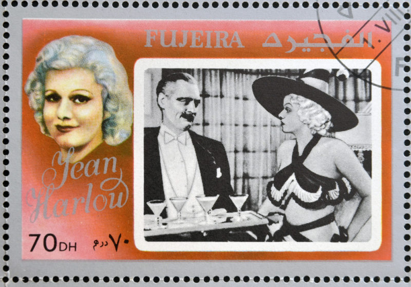 A stamp showing an image of Jean Harlow and another start when she was young and another image of her older