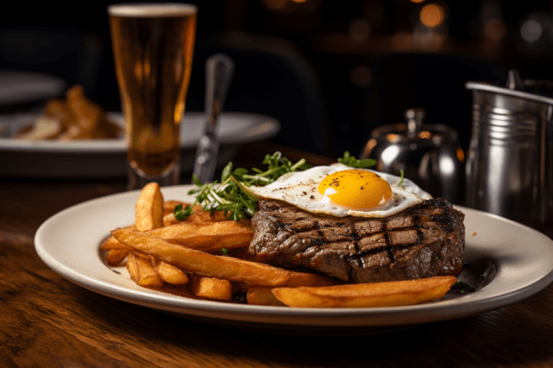 A white plate on a table with steak, chips, and an egg, with a glass of beer and a second meal in the background.