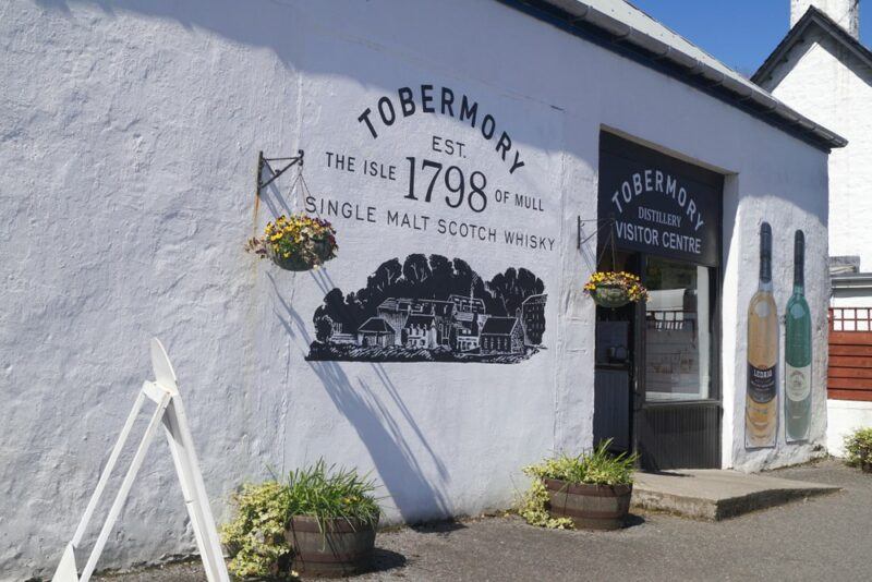 A store that is part of the Tobermory distillery with writing on the wall