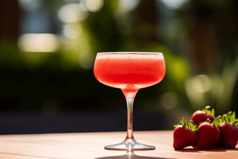 A single strawberry daiquiri cocktail sitting in the sun, next to some strawberries