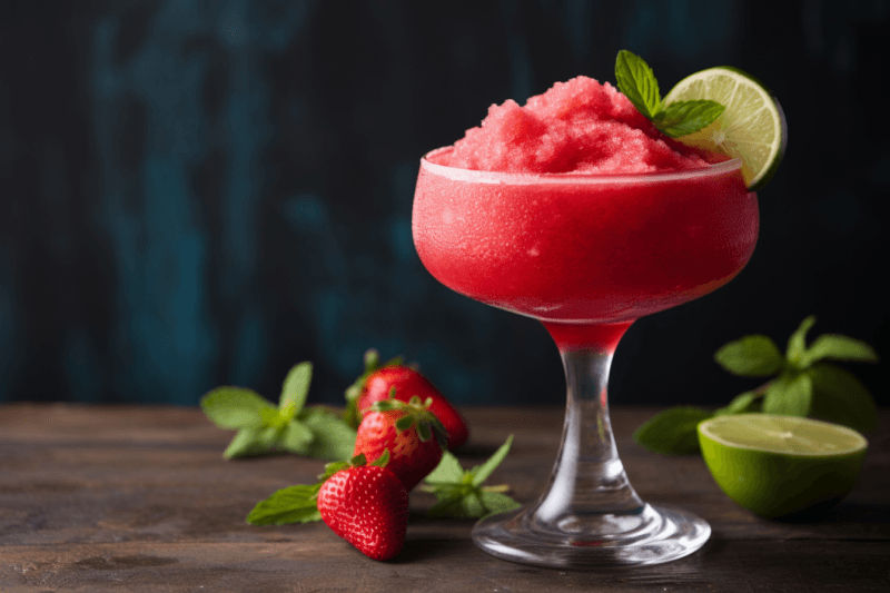 A wooden table containing a single frozen strawberry margarita against a dark background. There are a few strawberries and half a lime on the table as well