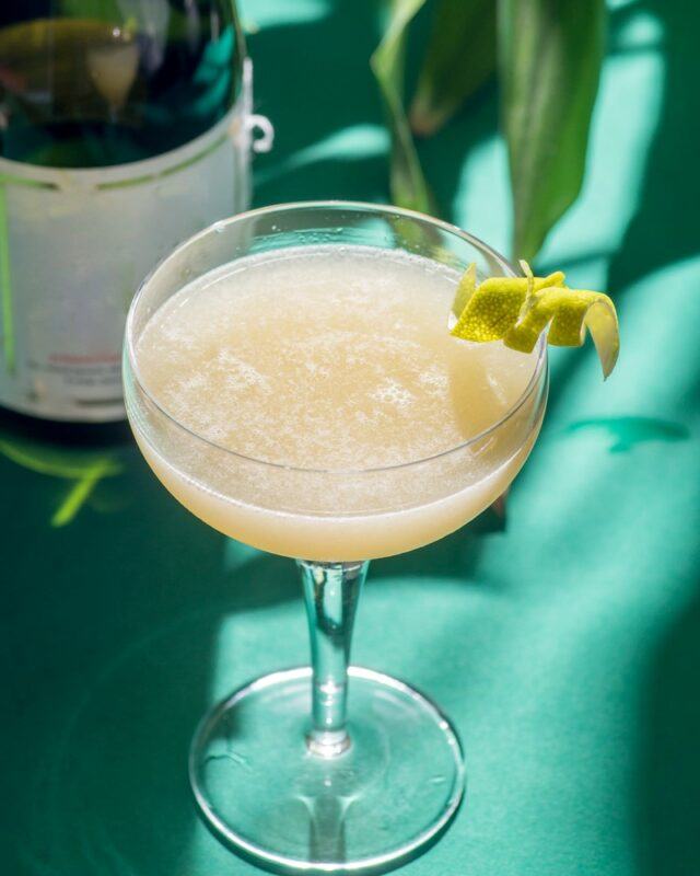 A coupe glass containing a sumo in a sidecar cocktail on a blue green table, with leaves and a bottle of sake in the background