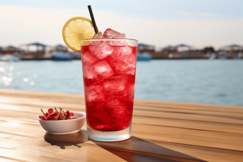 A tall glass containing a sea breeze cocktail with ice, sitting on a table in front of a lake or the sea