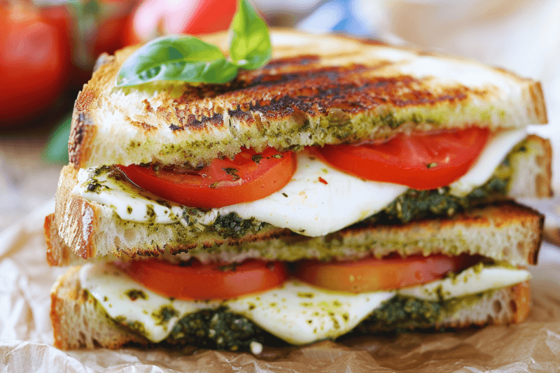 Two toasted caprese sandwiches, one stacked on top of the other. 