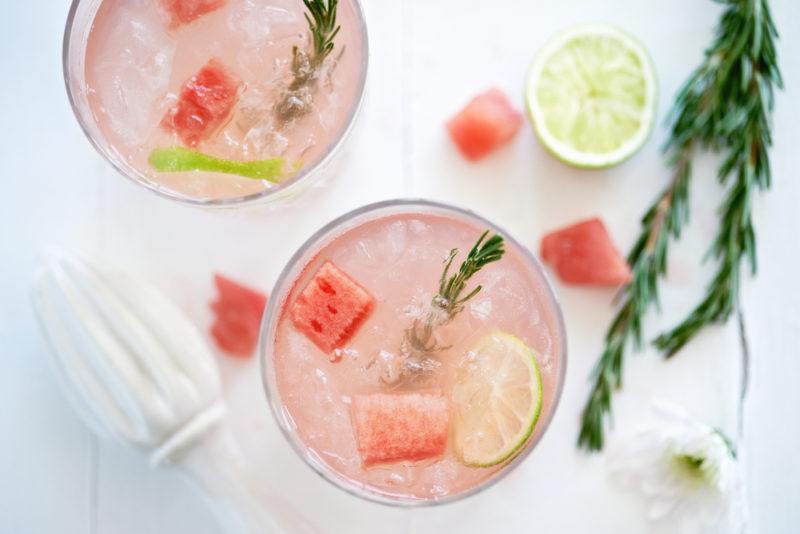 Two glasses of a watermelon and herbs cocktail