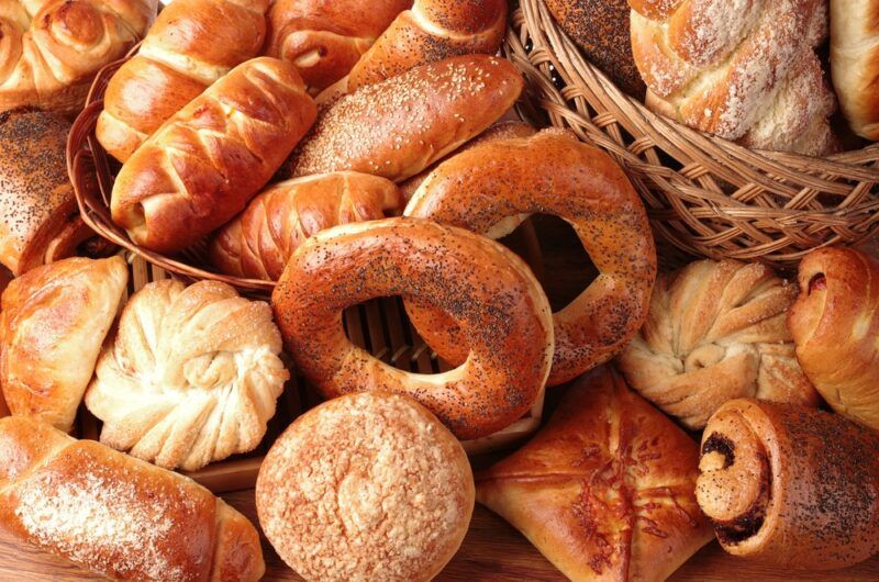 Many different baked ingredients, including bagels and buns