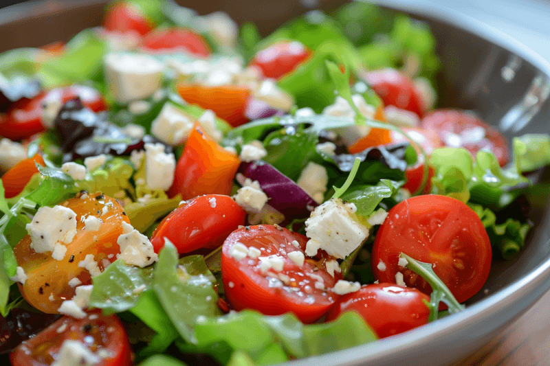 A bowl containing a vibrant lettuce salad, made using tomatoes and feta. 