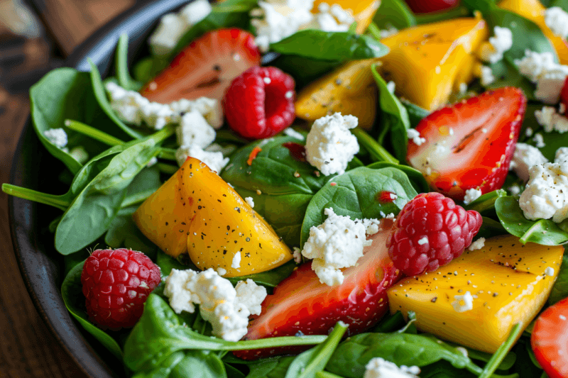 A vibrant spinach salad that uses fresh feta, strawberries, and other fresh fruits.