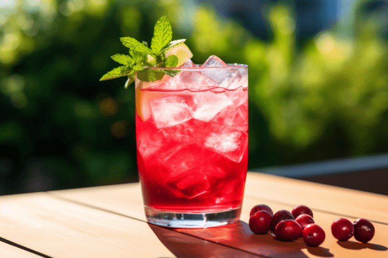 A wooden table with a single vodka cranberry cocktail made with ice, plus a sprig of mint and some cranberries on the table.