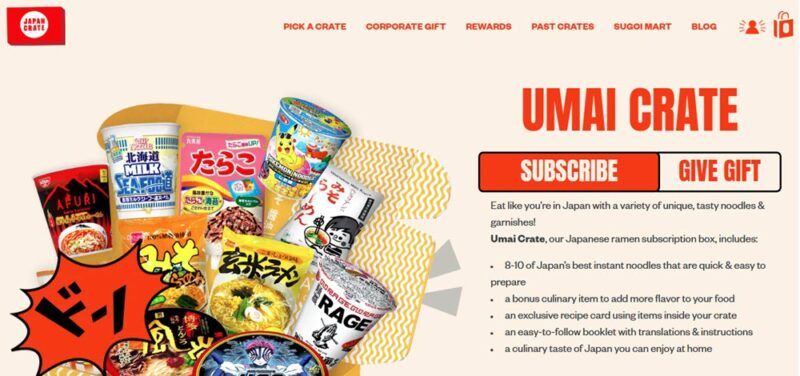 A website screenshot from Japan Crate showing many different packs of dried ramen