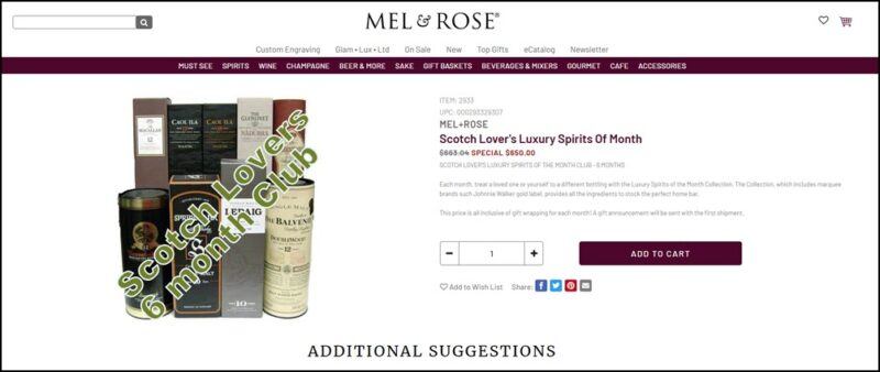 A website screenshot from Mel & Rose, with bottles of Scotch, as part of their Scotch Lovers club