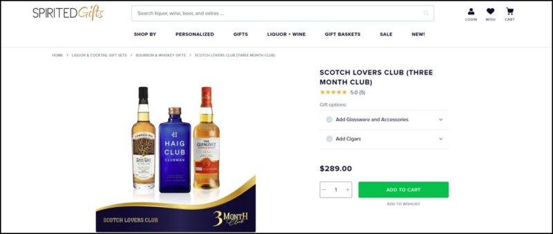 A website screenshot from Spirited Gifts showing bottles of Scotch from their Scotch lovers club