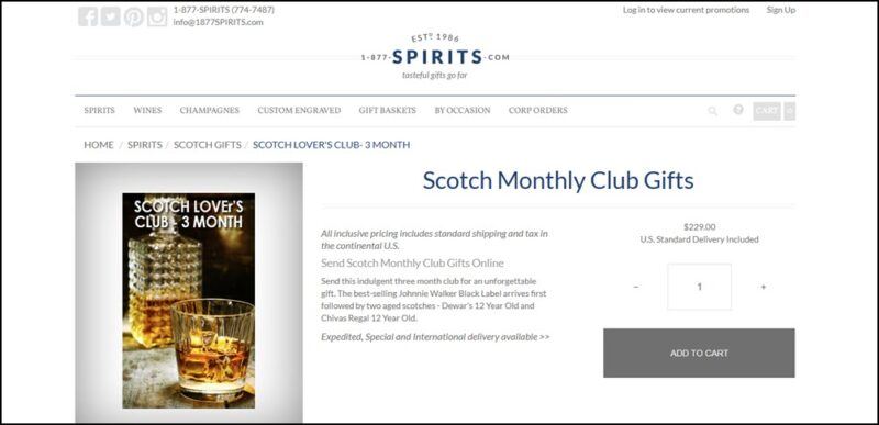 A website screenshot from 1-877 Spirits, showing the Scotch Monthly Club